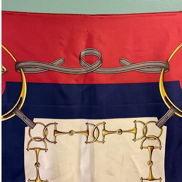 CELINE Paris 100% Silk Scarf Equestrian Motif Vintage Red Gold - Picture 15 of 16